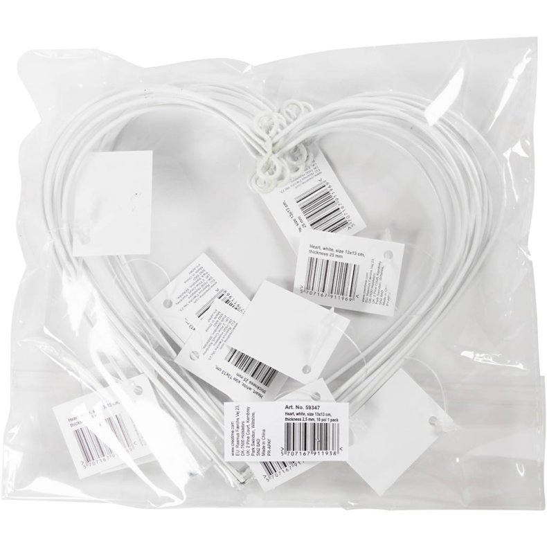 Hjerte, str. 13x13 cm, tykkelse 2,5 mm, hvid, 10 stk./ 1 pk.