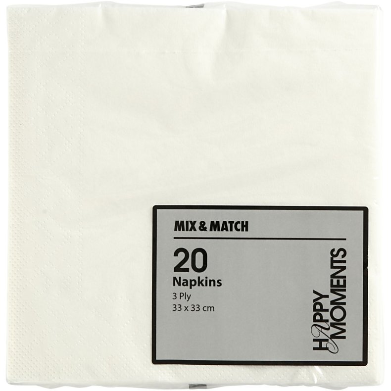 Servietter, str. 33x33 cm, hvid, 20 stk./ 1 pk.