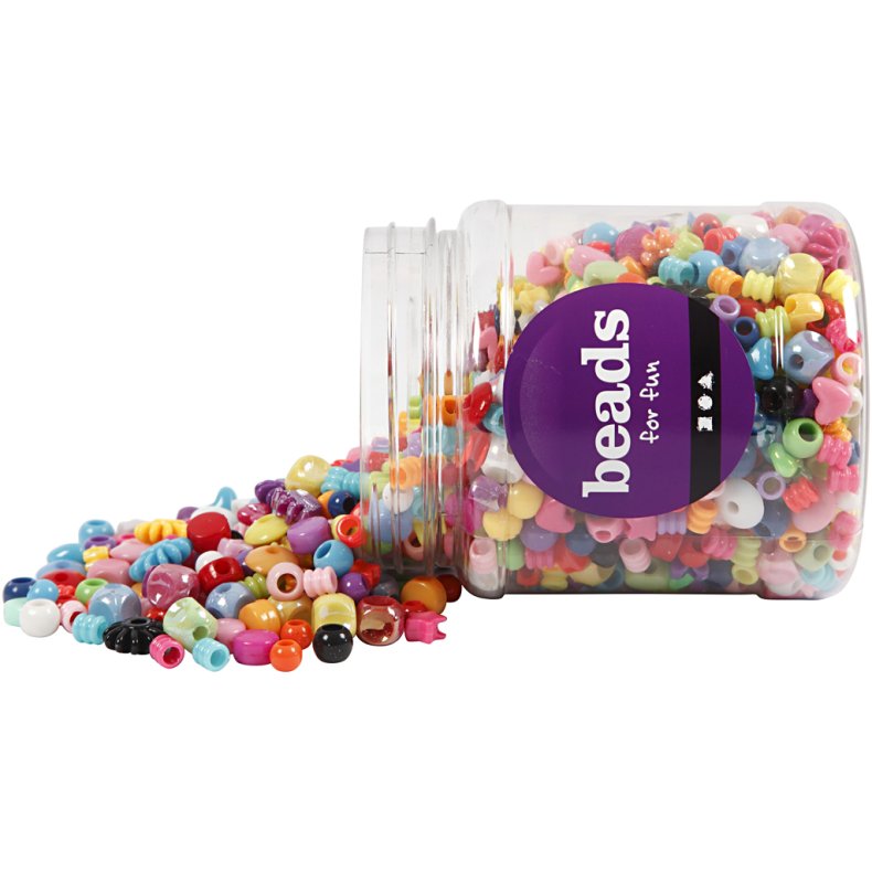 Plastperler, str. 6-20 mm, hulstr. 1,5-6 mm, ca. 1175 stk., 390 g, 700 ml/ 1 ds.