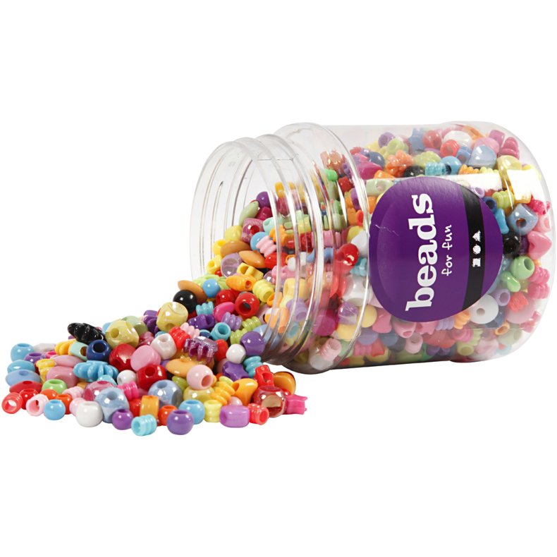 Plastperler, str. 6-20 mm, hulstr. 1,5-6 mm, ca. 1175 stk., 390 g, 700 ml/ 1 ds.