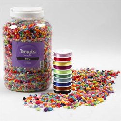 Perler og Smykkeelastik, str. 6-20 mm, hulstr. 1,5-6 mm, ca. 3000 g, 1 pk.