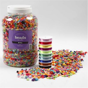 Perler og Smykkeelastik, str. 6-20 mm, hulstr. 1,5-6 mm, ca. 3000 g, 1 pk.