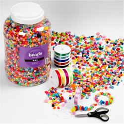 Perler og Smykkeelastik, str. 6-20 mm, hulstr. 1,5-6 mm, ca. 3000 g, 1 pk.