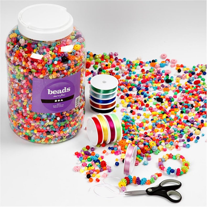 Perler og Smykkeelastik, str. 6-20 mm, hulstr. 1,5-6 mm, ca. 3000 g, 1 pk.