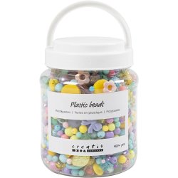 Plastperler, diam. 5-35 mm, hulstr. 1-8 mm, ca. 900 stk., ass. farver, 700 ml/ 1 ds.