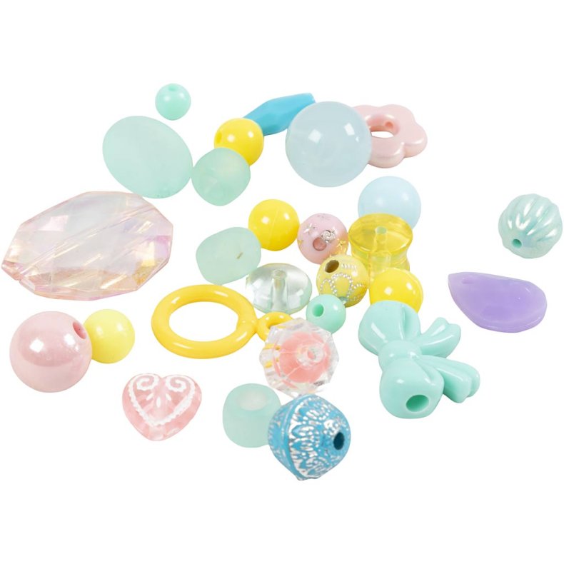 Plastperler, diam. 5-35 mm, hulstr. 1-8 mm, ca. 900 stk., ass. farver, 700 ml/ 1 ds.