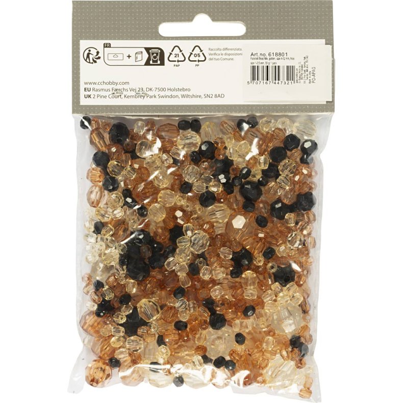 Facetperler, str. 4-12 mm, hulstr. 1-2,5 mm, ca. 170 stk., gylden, 50 g/ 1 pk.