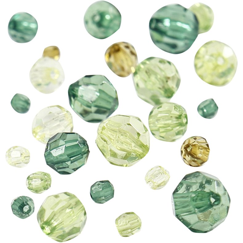 Facetperler, str. 4-12 mm, hulstr. 1-2,5 mm, ca. 170 stk., gr&oslash;n glitter, 45 g/ 1 pk.