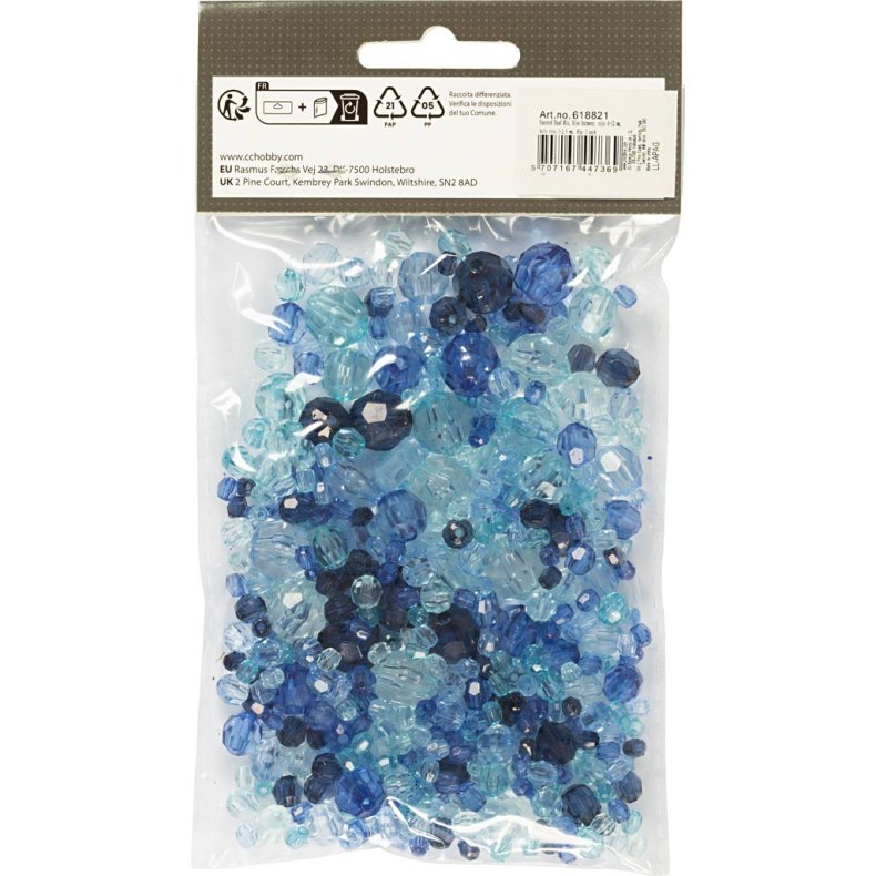 Facetperler, str. 4-12 mm, hulstr. 1-2,5 mm, ca. 170 stk., bl&aring; harmoni, 45 g/ 1 pk.