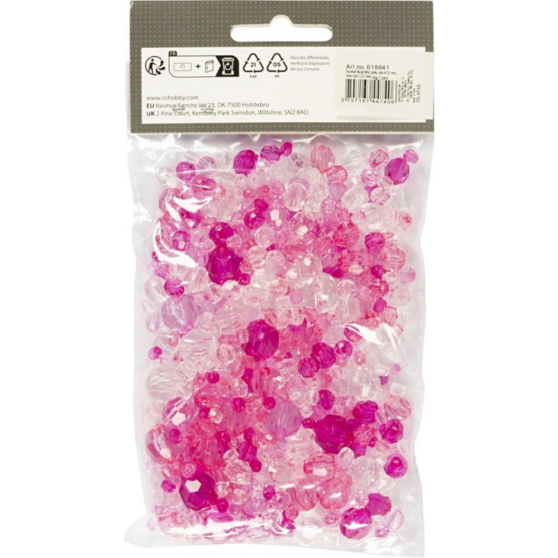Facetperler, str. 4-12 mm, hulstr. 1-2,5 mm, ca. 170 stk., pink, 45 g/ 1 pk.