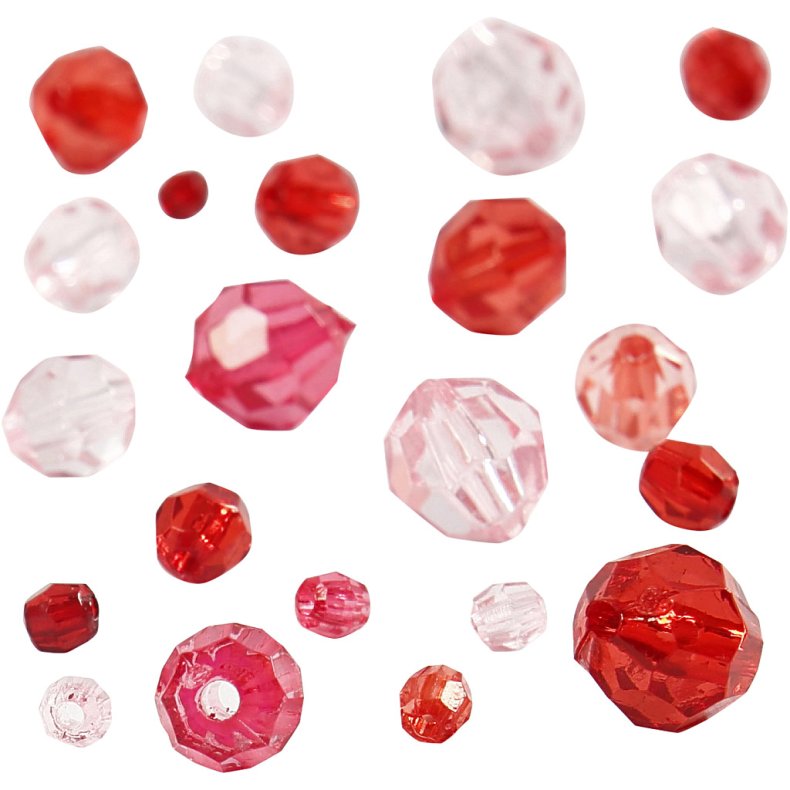 Facetperler, str. 4-12 mm, hulstr. 1-2,5 mm, ca. 170 stk., r&oslash;d harmoni, 45 g/ 1 pk.