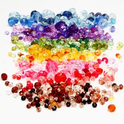 Facetperler, diam. 4-12 mm, hulstr. 1-2,5 mm, ass. farver, 7x250 g/ 1 pk.