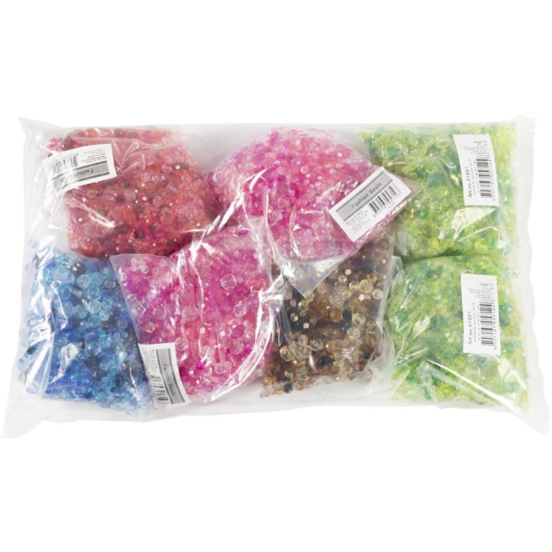 Facetperler, diam. 4-12 mm, hulstr. 1-2,5 mm, ass. farver, 7x250 g/ 1 pk.