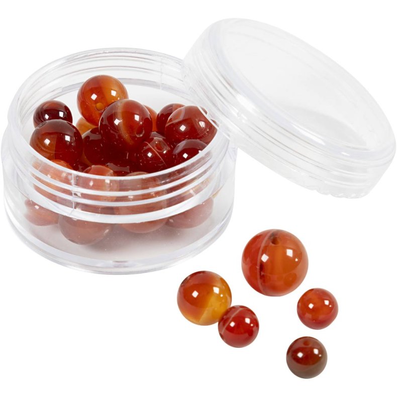 Agat stenperler, diam. 6+8+10 mm, hulstr. 0,9-1 mm, ca. 28 stk., br&aelig;ndt orange, r&oslash;d, 28 stk./ 1 pk.