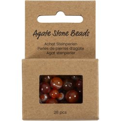 Agat stenperler, diam. 6+8+10 mm, hulstr. 0,9-1 mm, ca. 28 stk., br&aelig;ndt orange, r&oslash;d, 28 stk./ 1 pk.