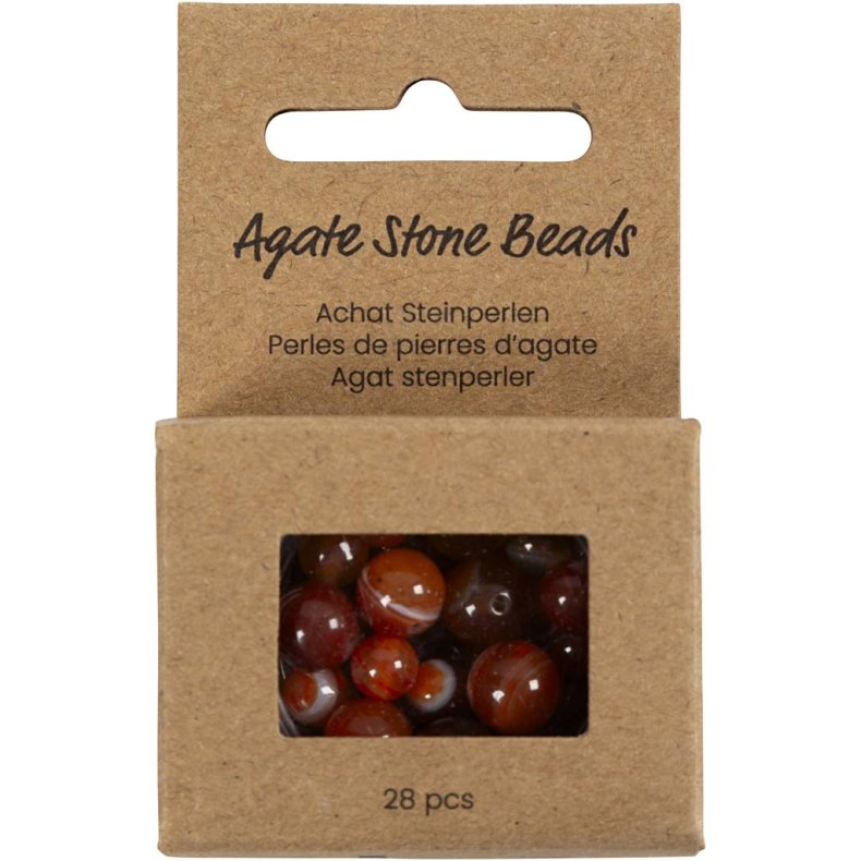 Agat stenperler, str. 1x10, 12x8, 15x6 mm, hulstr. 0,9-1 mm, br&aelig;ndt orange, r&oslash;d, 28 stk./ 1 pk.