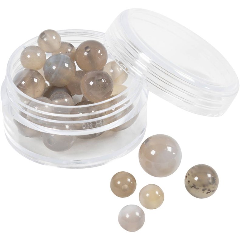 Agat stenperler, diam. 6+8+10 mm, hulstr. 0,9-1 mm, ca. 28 stk., transparent gr&aring;, 28 stk./ 1 pk.
