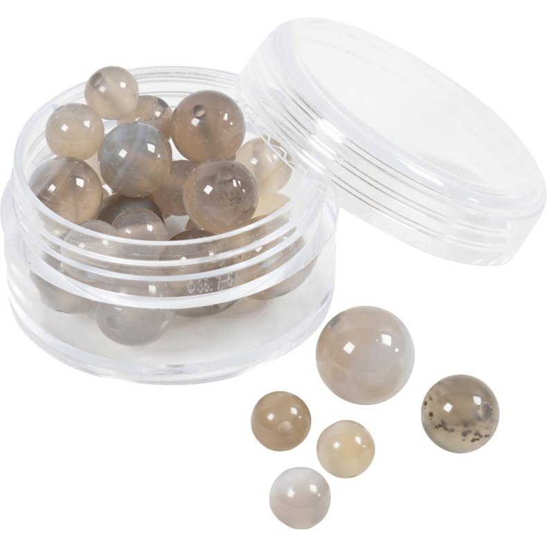 Agat stenperler, diam. 6+8+10 mm, hulstr. 0,9-1 mm, ca. 28 stk., transparent gr&aring;, 28 stk./ 1 pk.