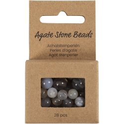 Agat stenperler, diam. 6+8+10 mm, hulstr. 0,9-1 mm, ca. 28 stk., transparent gr&aring;, 28 stk./ 1 pk.