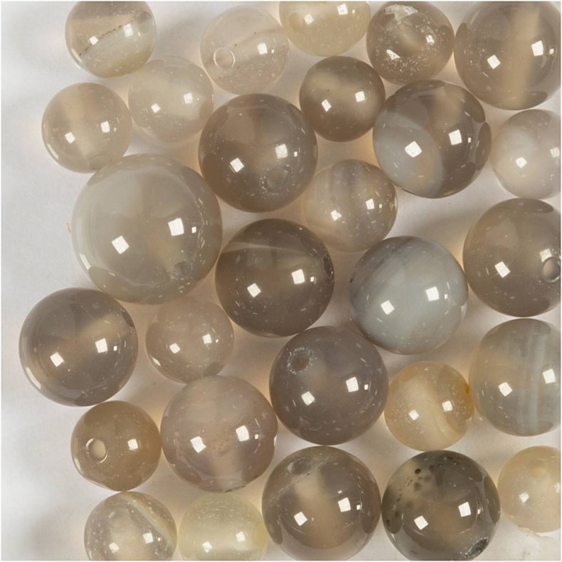 Agat stenperler, diam. 6+8+10 mm, hulstr. 0,9-1 mm, ca. 28 stk., transparent gr&aring;, 28 stk./ 1 pk.