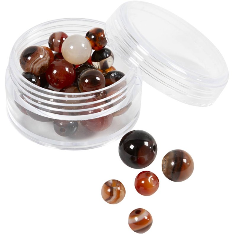 Agat stenperler, diam. 6+8+10 mm, hulstr. 0,9-1 mm, ca. 28 stk., m&oslash;rk brun, 28 stk./ 1 pk.