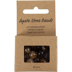 Agat stenperler, diam. 6+8+10 mm, hulstr. 0,9-1 mm, ca. 28 stk., m&oslash;rk brun, 28 stk./ 1 pk.