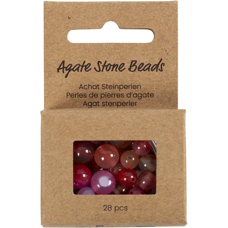 Agat stenperler, str. 1x10, 12x8, 15x6 mm, hulstr. 0,9-1 mm, beige, rosa, 28 stk./ 1 pk.