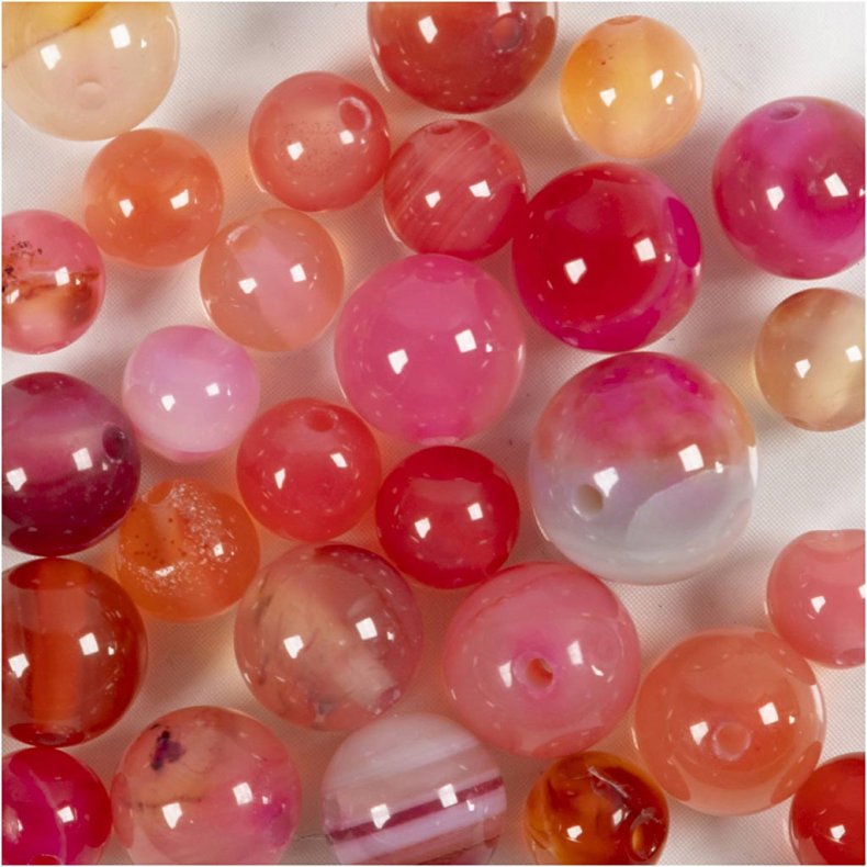 Agat stenperler, diam. 6+8+10 mm, hulstr. 0,9-1 mm, ca. 28 stk., beige, rosa, 28 stk./ 1 pk.