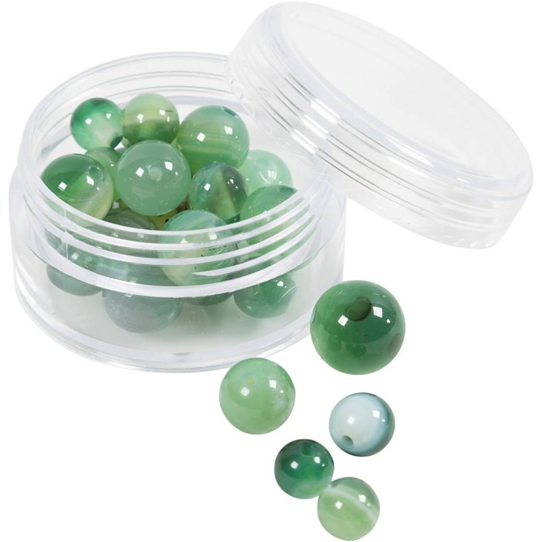 Agat stenperler, diam. 13+15 mm, hulstr. 0,9-1 mm, ca. 28 stk., klar gr&oslash;n, 28 stk./ 1 pk.