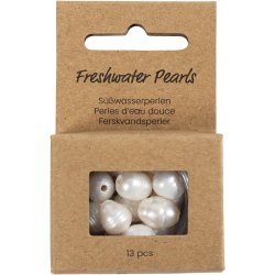 Ferskvandsperler, Gennemboret p&aring; langs, diam. 9-11 mm, hulstr. 2 mm, perlemor, 13 stk./ 1 pk.