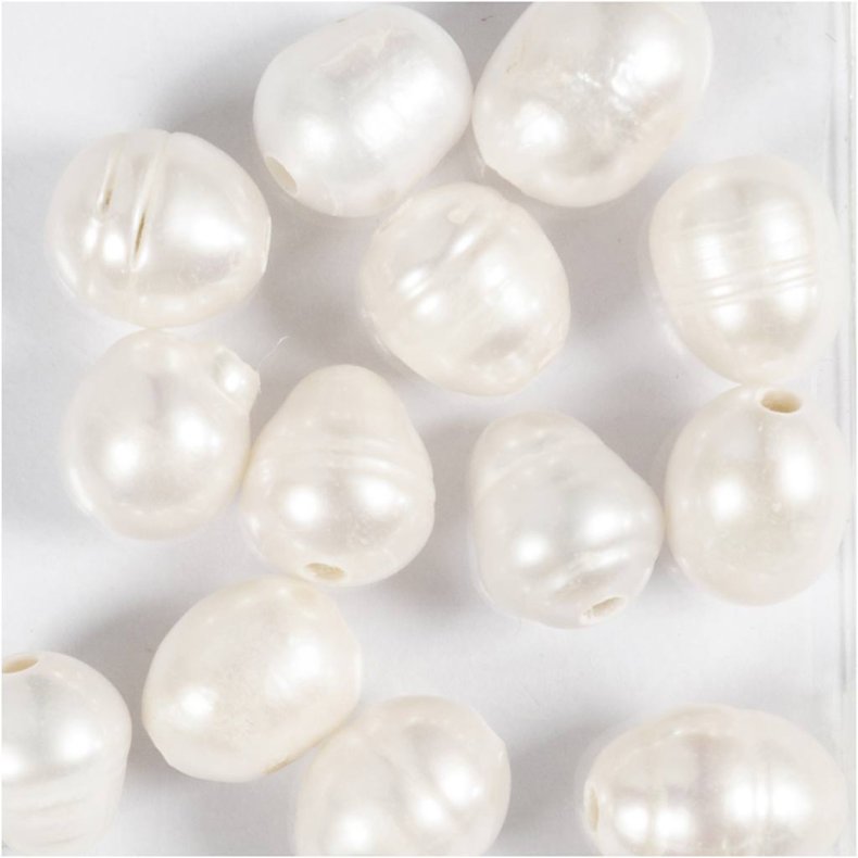 Ferskvandsperler, Gennemboret p&aring; langs, diam. 9-11 mm, hulstr. 2 mm, perlemor, 13 stk./ 1 pk.