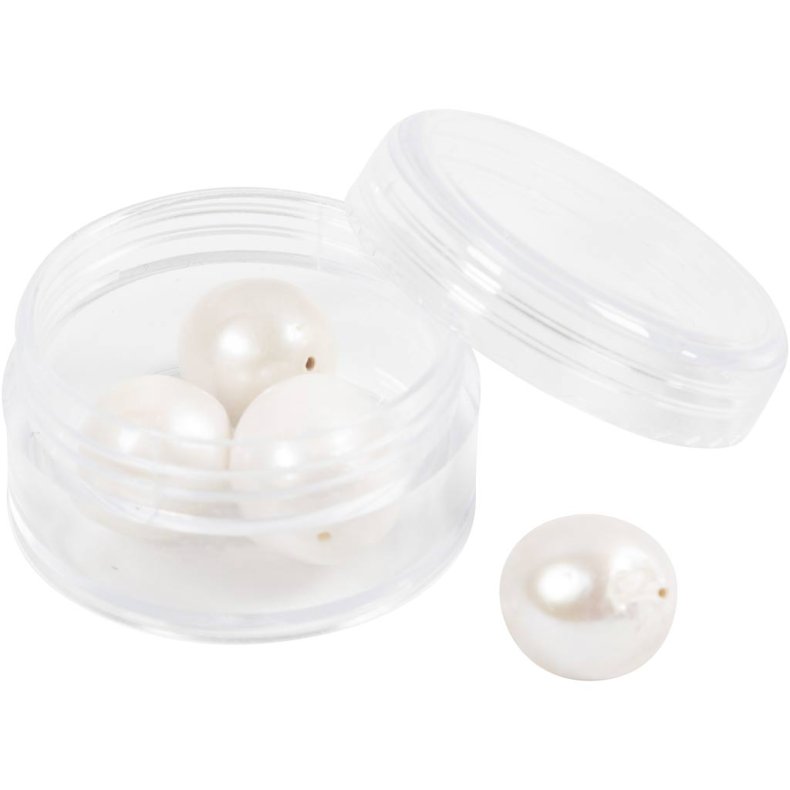 Ferskvandsperler, Gennemboret p&aring; langs, diam. 13-14 mm, hulstr. 0,8 mm, perlemor, 4 stk./ 1 pk.