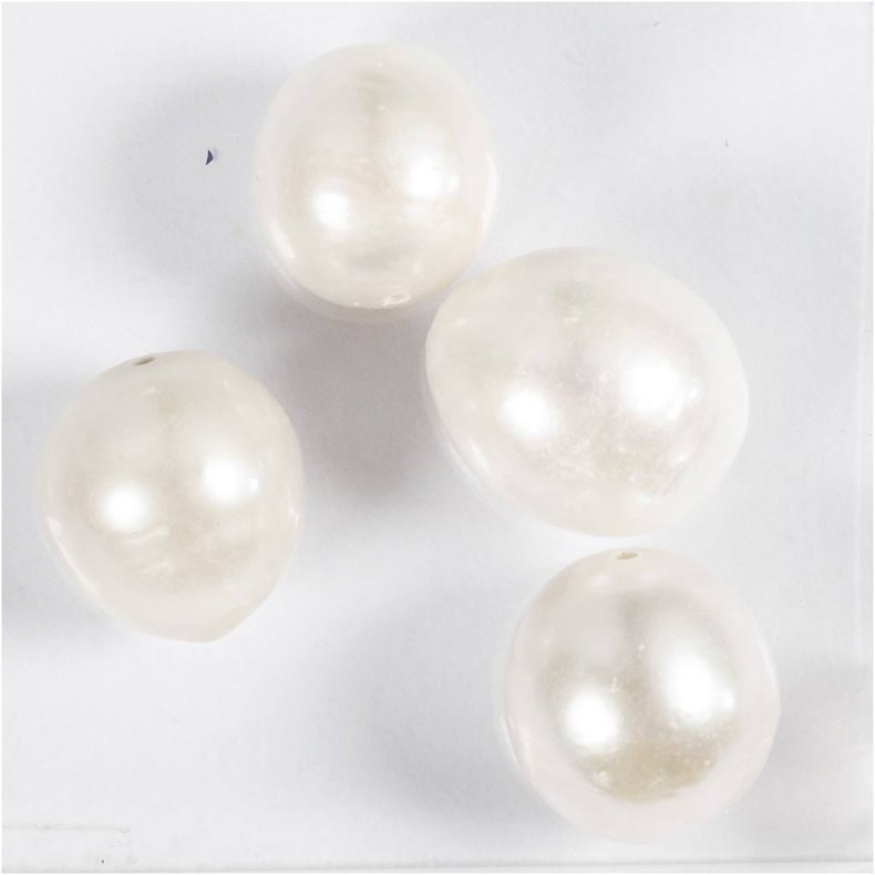 Ferskvandsperler, Gennemboret p&aring; langs, diam. 13-14 mm, hulstr. 0,8 mm, perlemor, 4 stk./ 1 pk.