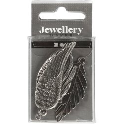 Fjer, str. 29-55 mm, hulstr. 12-20 mm, antik s&oslash;lv, 4 stk./ 1 pk.