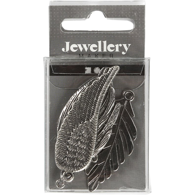 Fjer, str. 29-55 mm, hulstr. 12-20 mm, antik s&oslash;lv, 4 stk./ 1 pk.