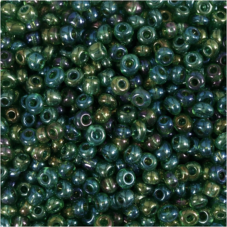 Rocaiperler, diam. 3 mm, str. 8/0 , hulstr. 0,6-1,0 mm, gr&oslash;n olie, 25g/ 1 pk.