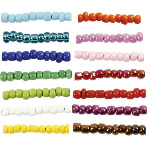 Rocaiperler, diam. 3 mm, str. 8/0, hulstr. 0,6-1,0 mm, ass. farver, 14x25 g/ 1 pk.