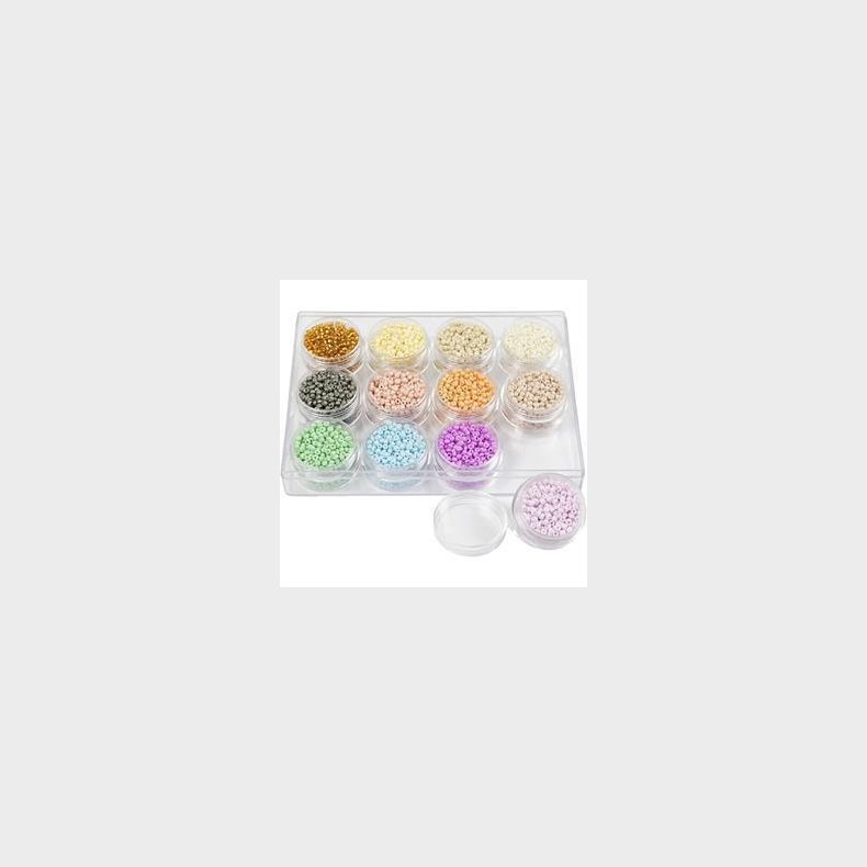 Rocaiperler, diam. 3 mm, str. 8/0 , hulstr. 0,6-1,0 mm, pastelfarver, 12x17g/ 1 pk.