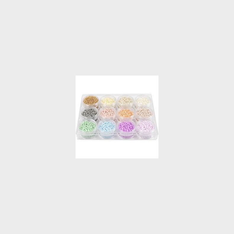 Rocaiperler, diam. 3 mm, str. 8/0, hulstr. 0,6-1,0 mm, pastelfarver, 12x17 g/ 1 pk.