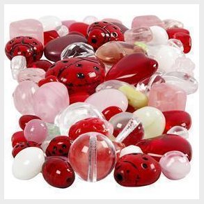 Glasperler, mariehøns, blade, hjerter, str. 5-22 mm, hulstr. 0,5-1,5 mm, ass. farver, 60 g/ 1 pk.