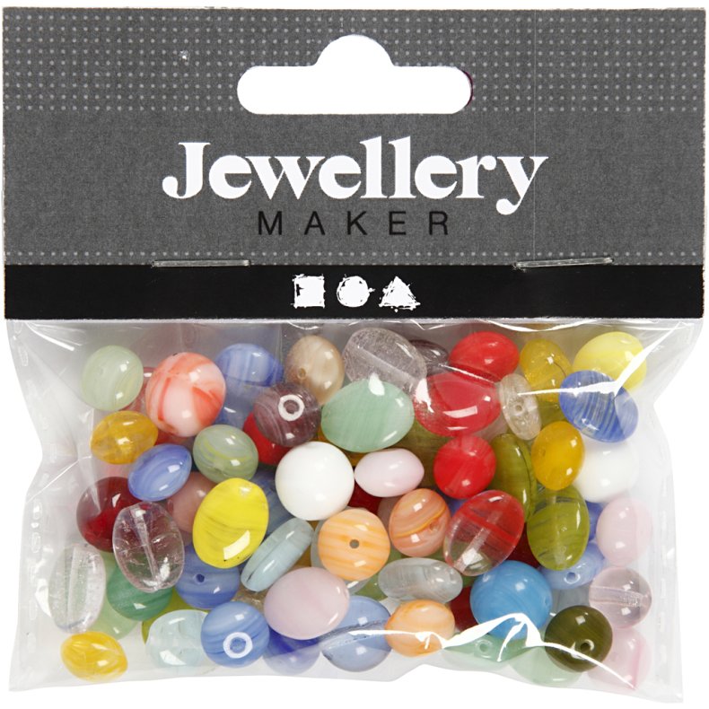 Glasperler, rund, oval, rundflad, diam. 6-13 mm, hulstr. 0,5-1,5 mm, ass. farver, 60 g/ 1 pk.
