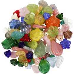 Glasperler, blade, blomster, diam. 6-17 mm, hulstr. 0,5-1,5 mm, ass. farver, 60 g/ 1 pk.