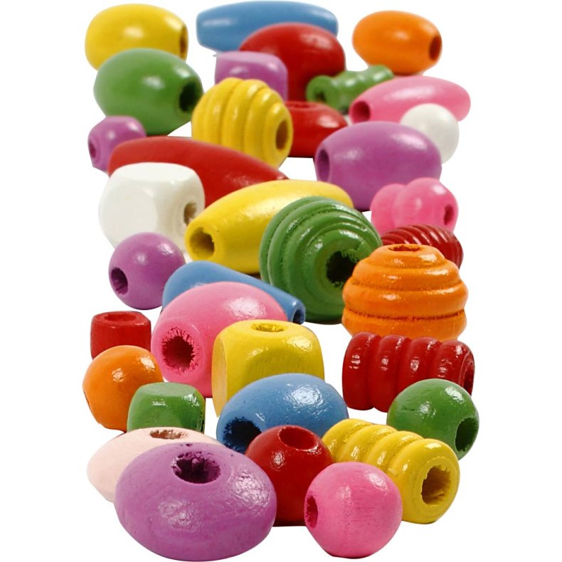Tr&aelig;perler, diam. 5-28 mm, hulstr. 2,5-3 mm, ass. farver, 800 g, 2 l/ 1 spand