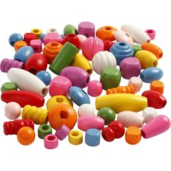 Tr&aelig;perler, diam. 5-28 mm, hulstr. 2,5-3 mm, ass. farver, 800 g, 2 l/ 1 spand