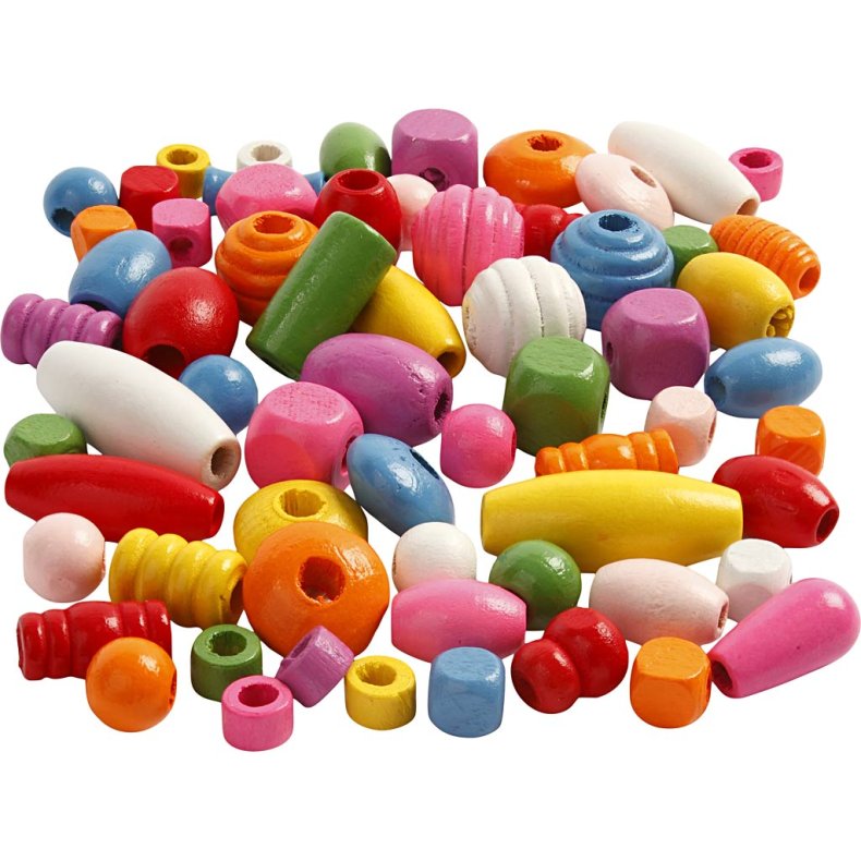 Tr&aelig;perler, diam. 5-28 mm, hulstr. 2,5-3 mm, ass. farver, 800 g, 2 l/ 1 spand