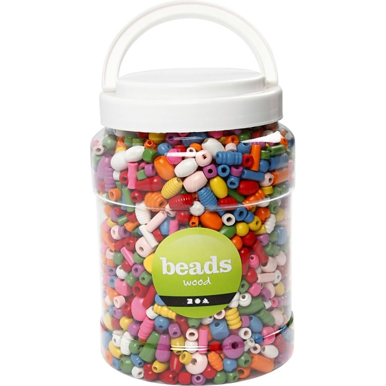 Tr&aelig;perler, diam. 5-28 mm, hulstr. 2,5-3 mm, ass. farver, 800 g, 2 l/ 1 spand