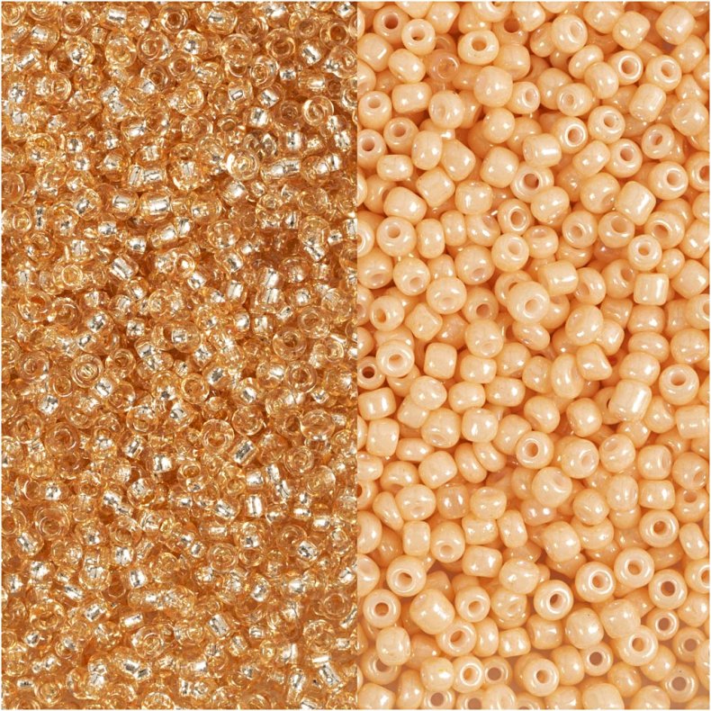 Rocaiperler, diam. 1,7 mm, str. 15/0, hulstr. 0,5-0,8 mm, fersken, lys fersken, 2x7 g/ 1 pk.