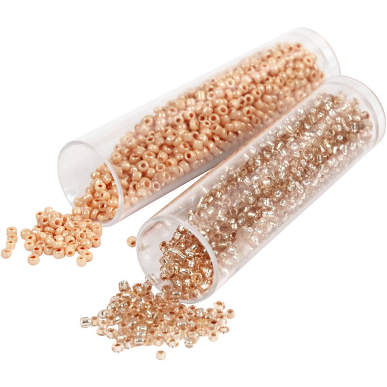 Rocaiperler, diam. 1,7 mm, str. 15/0, hulstr. 0,5-0,8 mm, fersken, lys fersken, 2x7 g/ 1 pk.