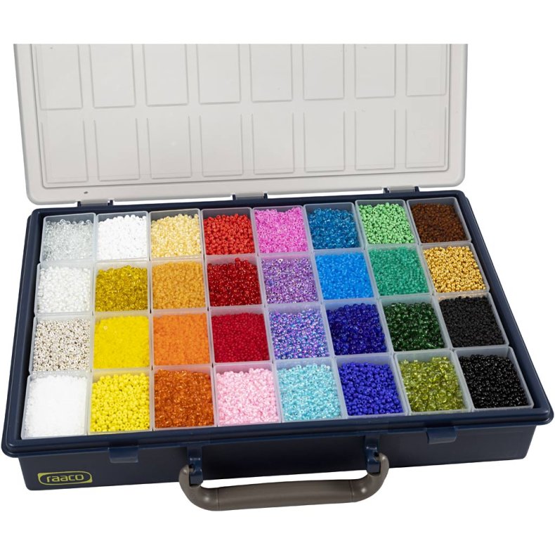 Rocaiperler, diam. 1,7+3+4 mm, str. 6/0+8/0+12/0, hulstr. 0,5-1,2 mm, Farve kan variere, 32x100 g/ 1 pk.