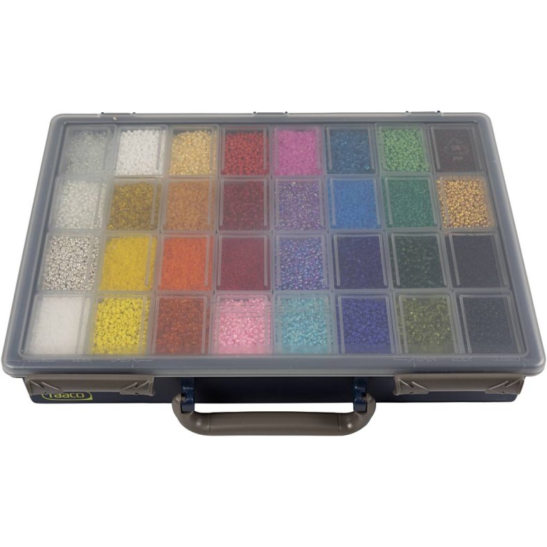 Rocaiperler, diam. 1,7+3+4 mm, str. 6/0+8/0+12/0, hulstr. 0,5-1,2 mm, Farve kan variere, 32x100 g/ 1 pk.